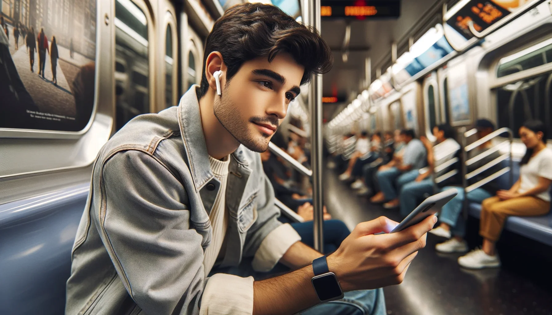 Jeune adulte qui écoute un podcast dans le métro