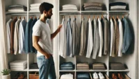 Homme entrain de choisir ses vêtements dans un dressing minimaliste