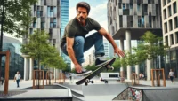 Homme de 40 ans entrain de faire du skateboard